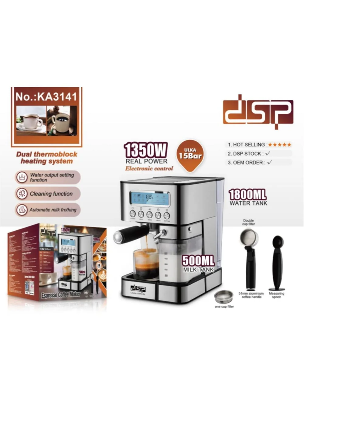 DSP Espresso Coffee Maker Machine – 1350W, 15 Bar Pump, 1.8L Water Tank, Milk Frother | Coffee Machine Kenya - Image 5