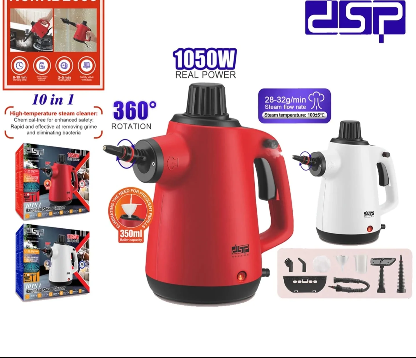 DSP Handheld 10-in-1 Steam Cleaner – Multi-Surface Portable Steam Cleaning Kit for Floors, Kitchen & Windows - Image 2