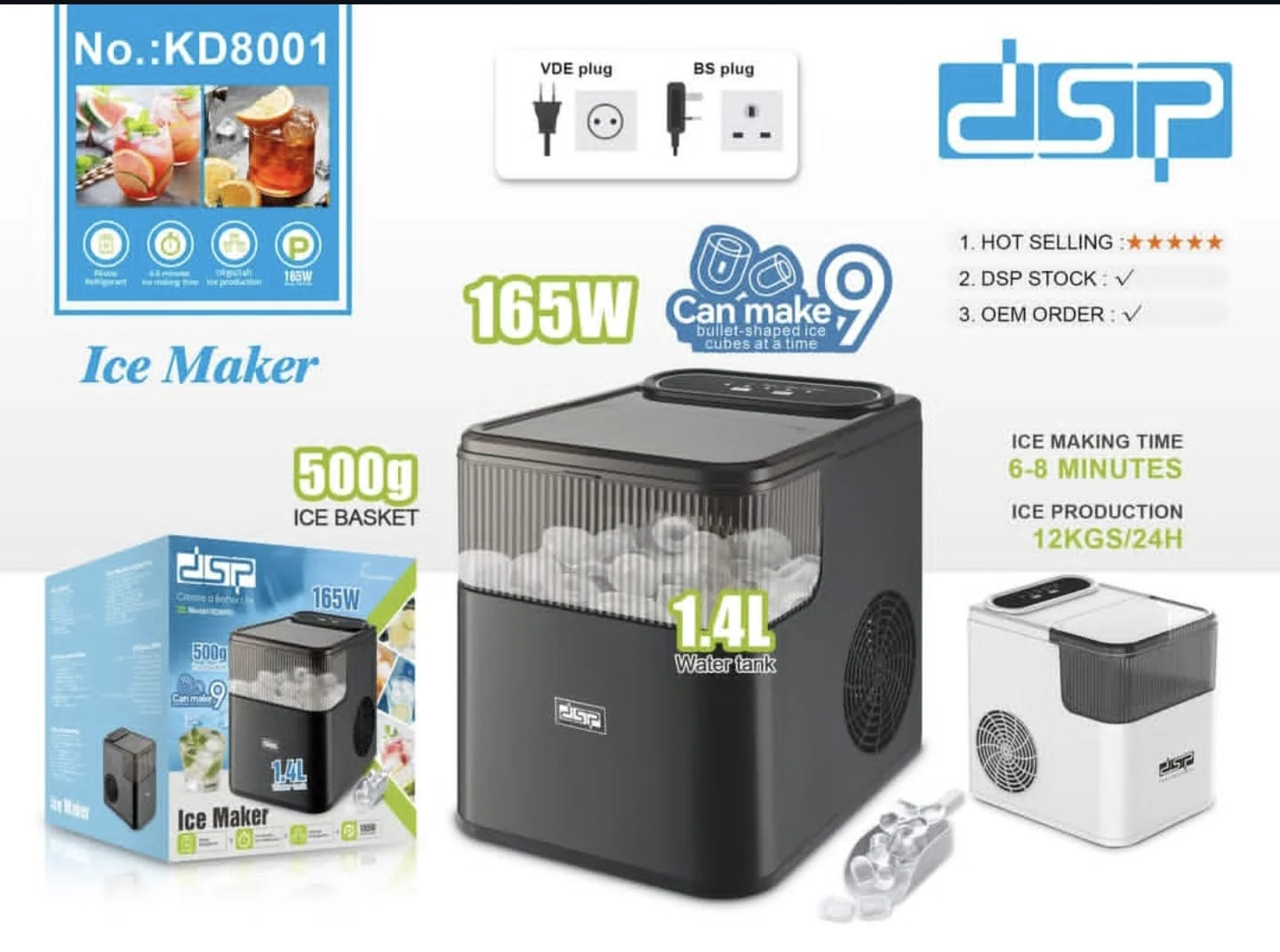 DSP Ice Maker Machine – 12kg/24h Automatic Countertop Ice Maker with 1.4L Tank & 500g Basket – Fast 6-8 Min Ice Cubes for Home, Office & Parties - Image 2