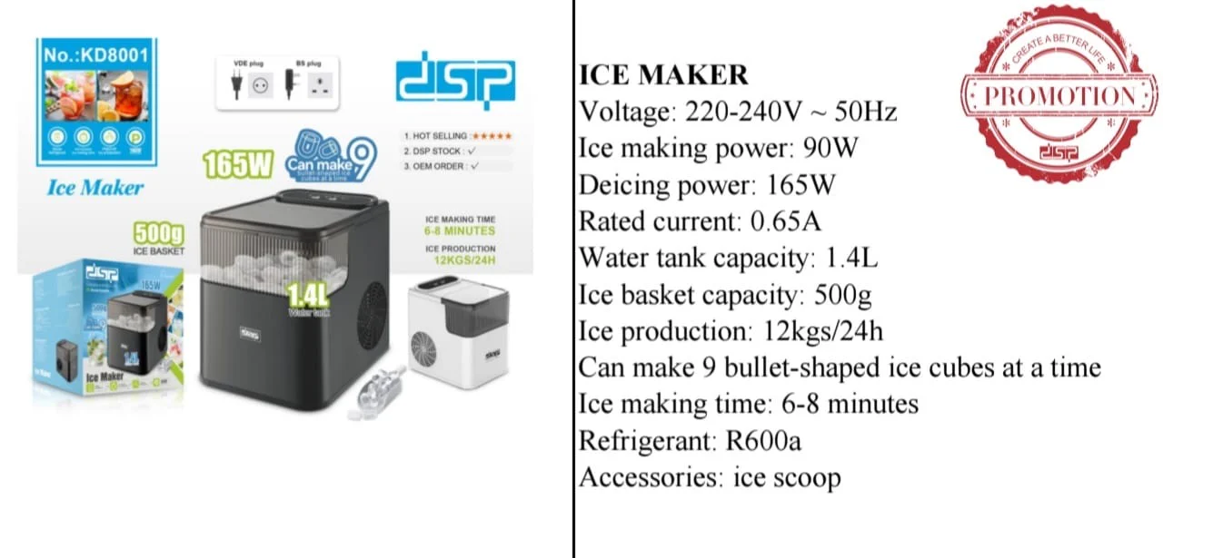 DSP Ice Maker Machine – 12kg/24h Automatic Countertop Ice Maker with 1.4L Tank & 500g Basket – Fast 6-8 Min Ice Cubes for Home, Office & Parties - Image 3
