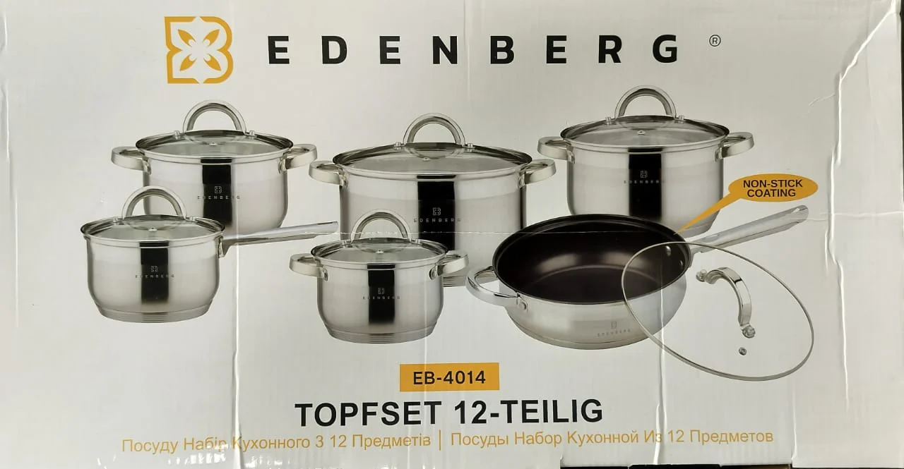 Edenberg 12-Piece Stainless Steel Cookware Set with Lids + Non-Stick Deep Fry Pan - Image 2