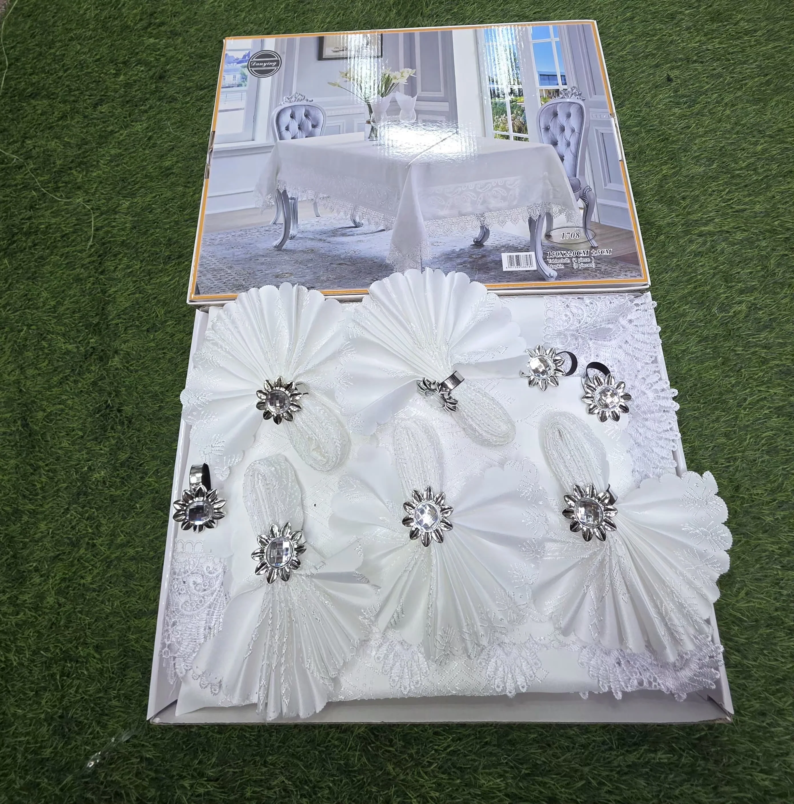 Elegant White Dining Tablecloth Set with Napkins & Rings - Image 2