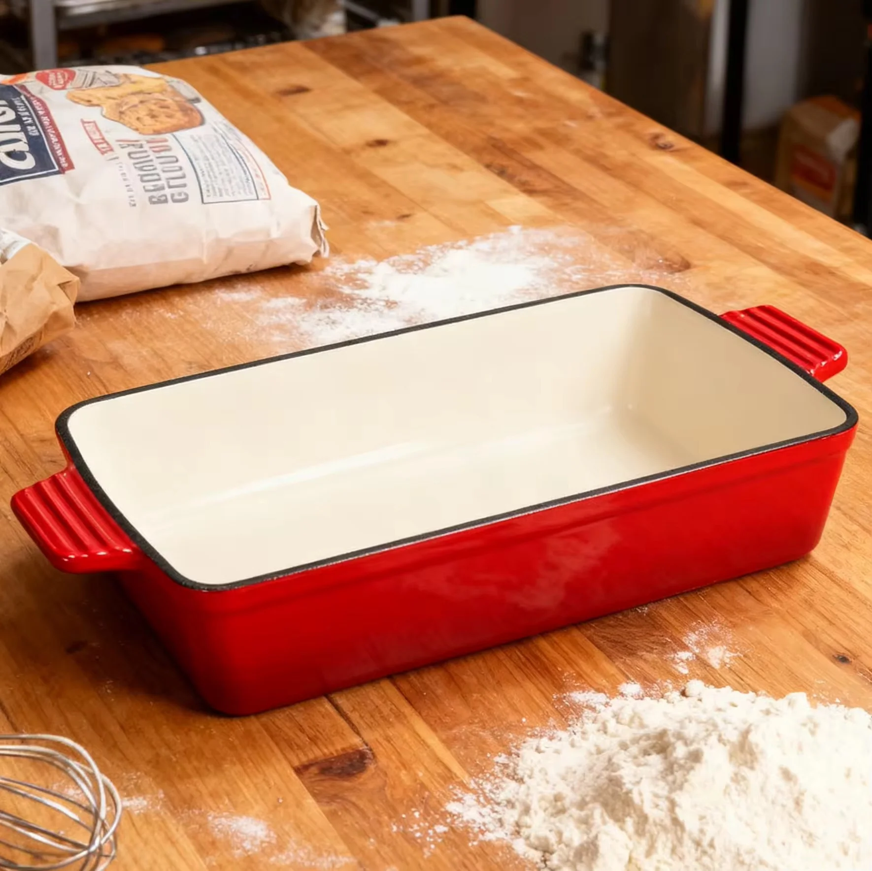 Enameled 13 Inch Cast Iron Rectangular Baking Pan for Lasagna Roasting and Casseroles Red - Image 4