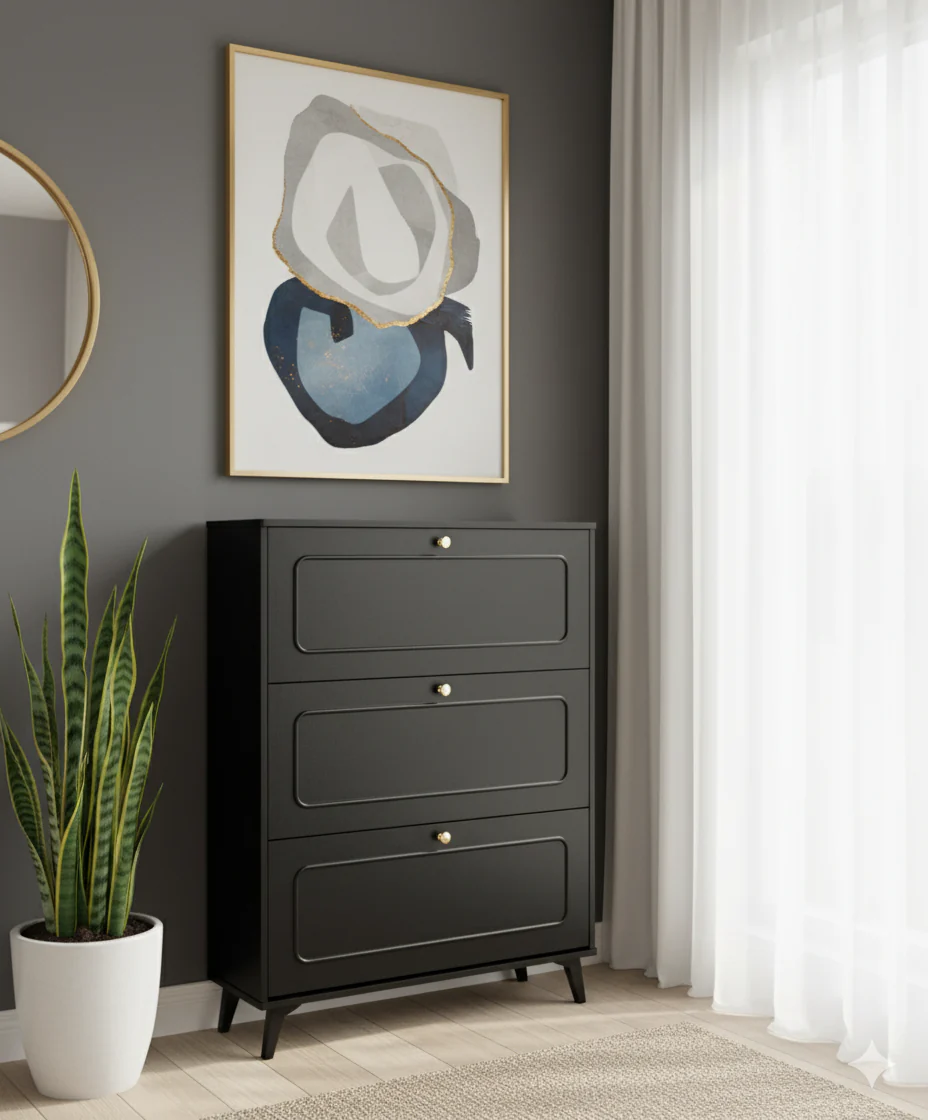 Entryway Shoe Cabinet Organizer Grey Triple-Layer Flip Rack with Golden Details - Image 3