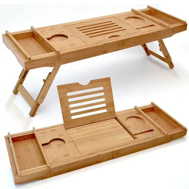Expandable Bamboo Bathtub Caddy Tray / Breakfast Bed Table with Stands - Image 2