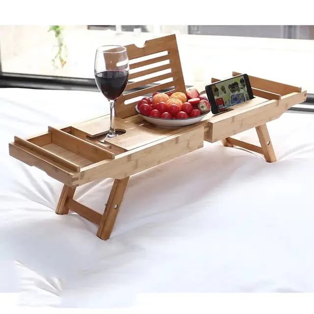 Expandable Bamboo Bathtub Caddy Tray / Breakfast Bed Table with Stands - Image 3