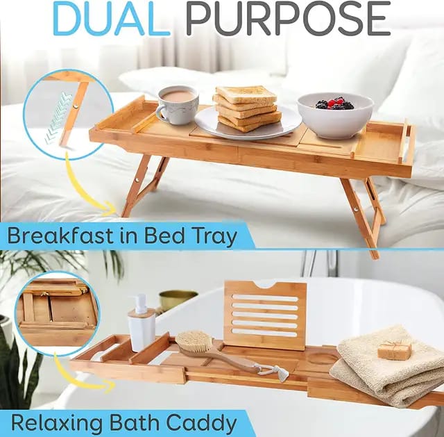 Expandable Bamboo Bathtub Caddy Tray / Breakfast Bed Table with Stands - Image 5