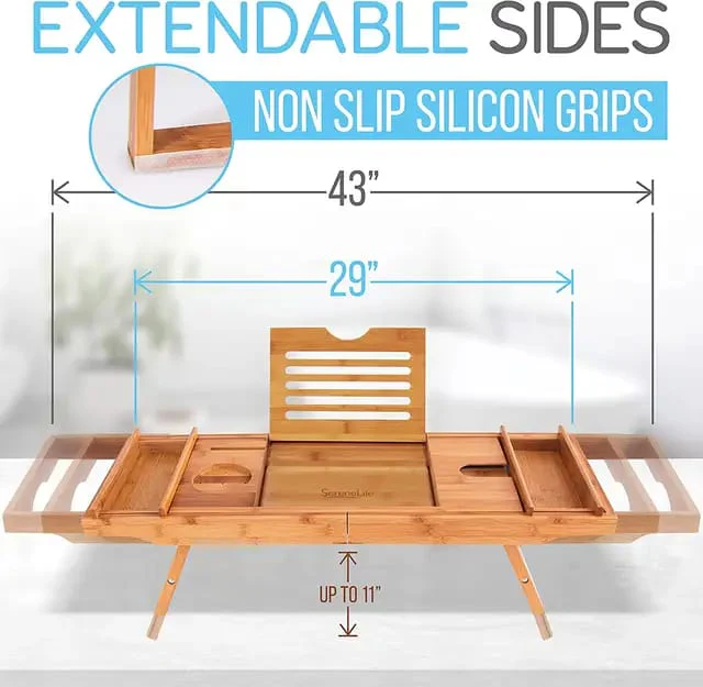 Expandable Bamboo Bathtub Caddy Tray / Breakfast Bed Table with Stands - Image 6