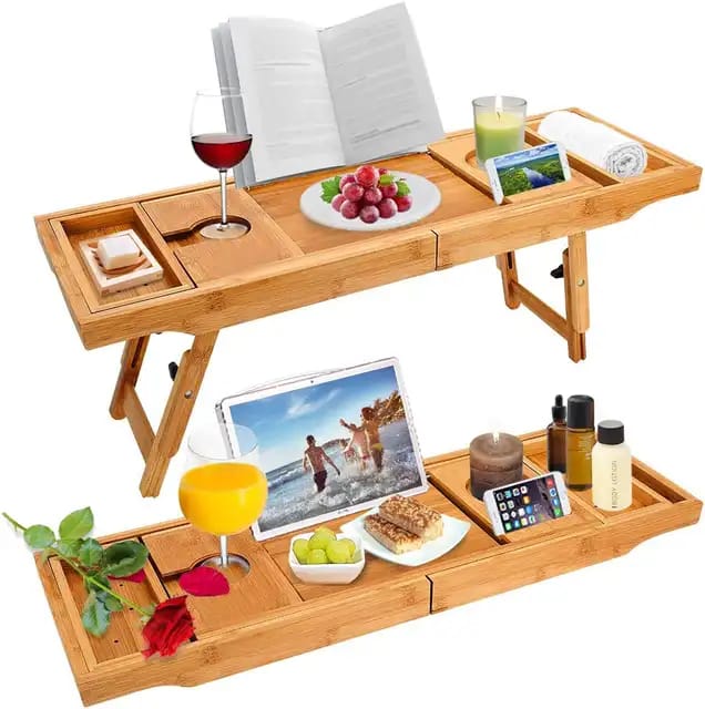 Expandable Bamboo Bathtub Caddy Tray / Breakfast Bed Table with Stands - Image 8