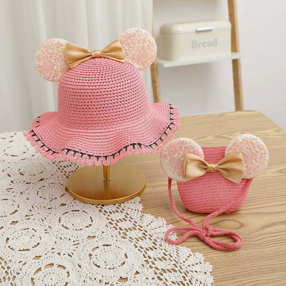 Fashion Kids summer Straw Hat and Bag set with A Bow - Image 2