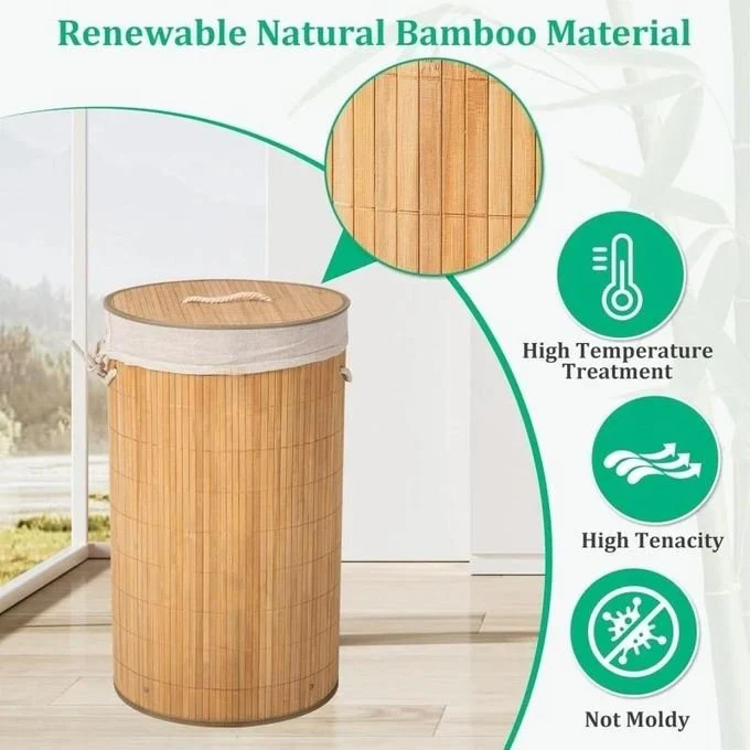 Foldable Round Bamboo Laundry Basket with Lid & Handle Kenya - Image 2