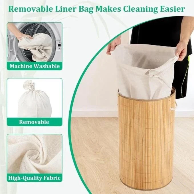 Foldable Round Bamboo Laundry Basket with Lid & Handle Kenya - Image 3