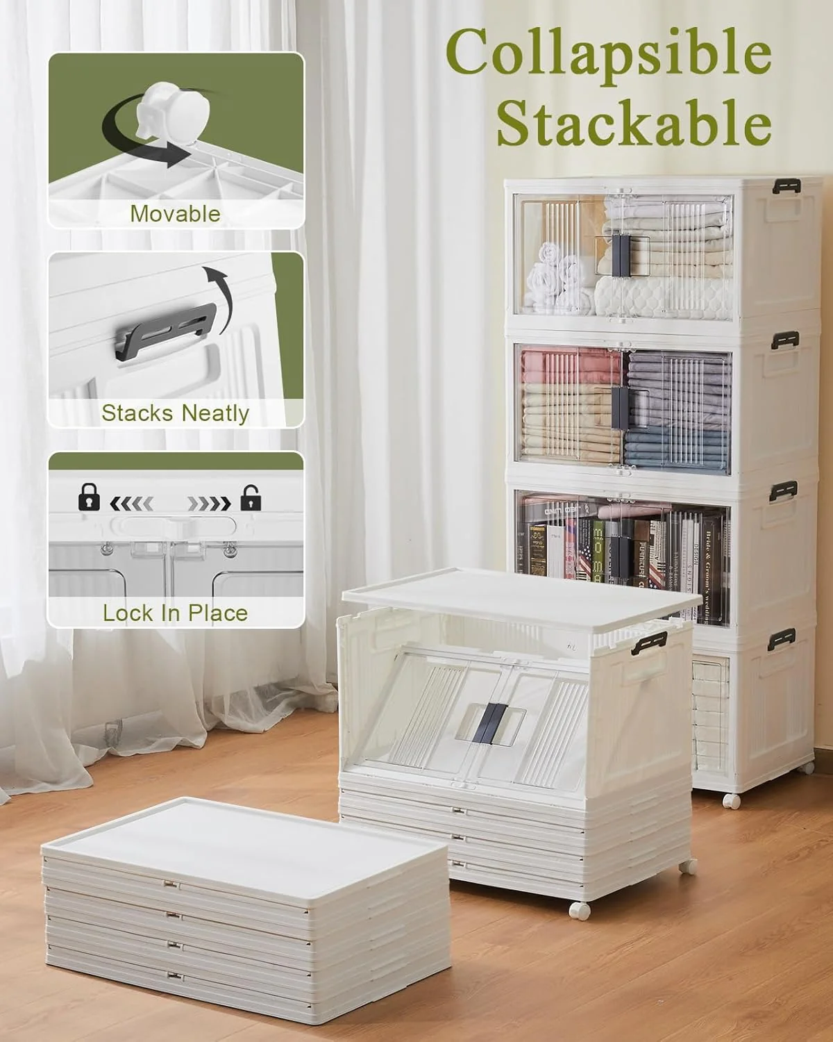Folding Storage Box with Doors and Wheels  Collapsible Plastic Storage Bin for Closet, Bedroom & Kids Room Stackable Organiser - Image 4