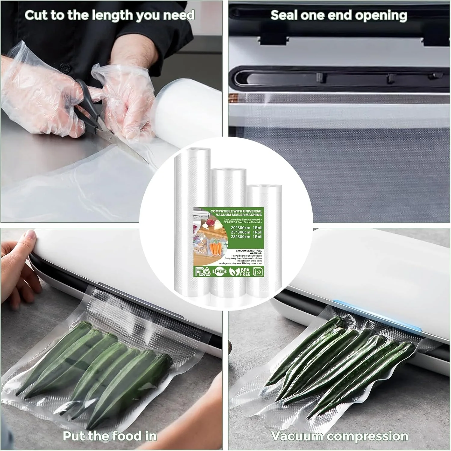Food Vacuum Bags-3 Pack, Food Vacuum Roll, Suitable for All Vacuum Sealer Machine, for Food Preservation and Cooking, BPA Free (28/25/30 x 500cm) - Image 3
