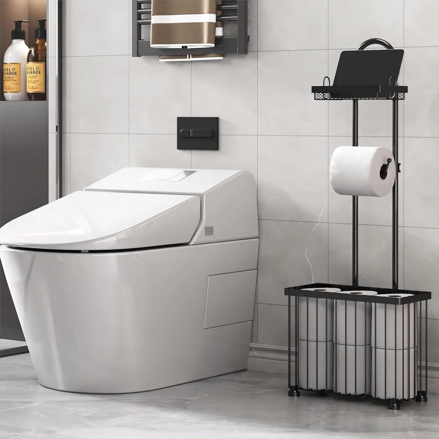 Freestanding Toilet Paper Holder Toilet Tissue Rack Scroll Stand Roll Dispenser with Storage Shelf Reserve for Phone Tablet Magazine Bathroom Organizer Bath Tissue Organizer - Image 4
