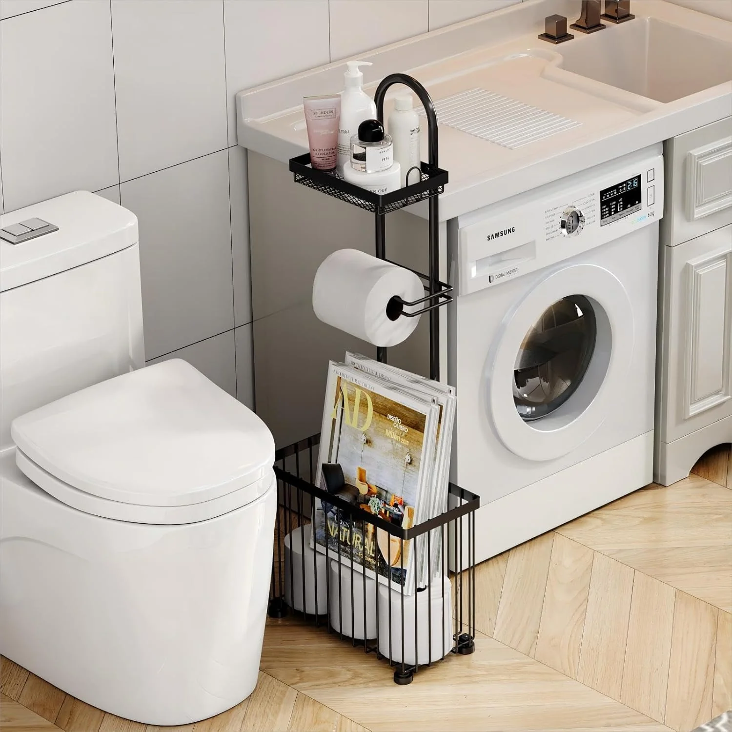 Freestanding Toilet Paper Holder Toilet Tissue Rack Scroll Stand Roll Dispenser with Storage Shelf Reserve for Phone Tablet Magazine Bathroom Organizer Bath Tissue Organizer - Image 6