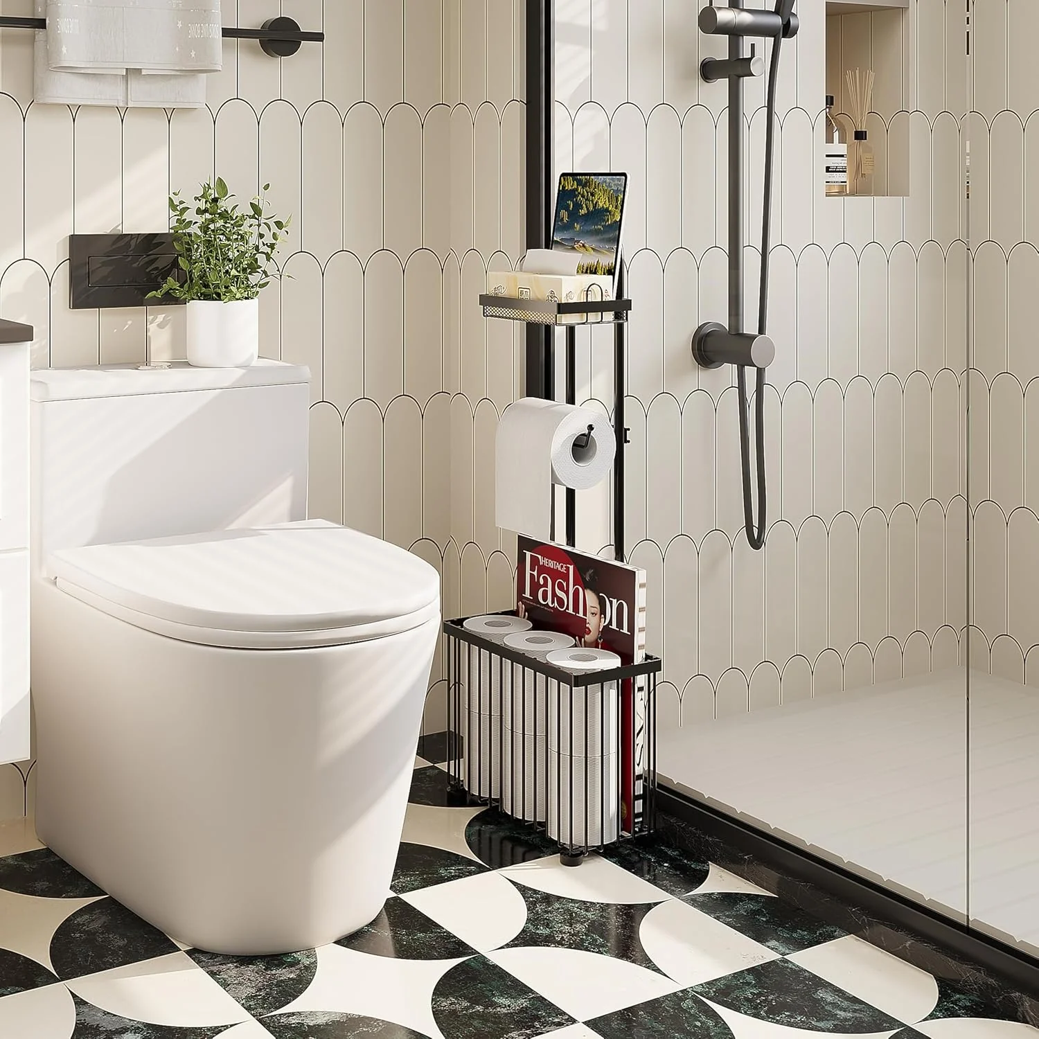 Freestanding Toilet Paper Holder Toilet Tissue Rack Scroll Stand Roll Dispenser with Storage Shelf Reserve for Phone Tablet Magazine Bathroom Organizer Bath Tissue Organizer - Image 7