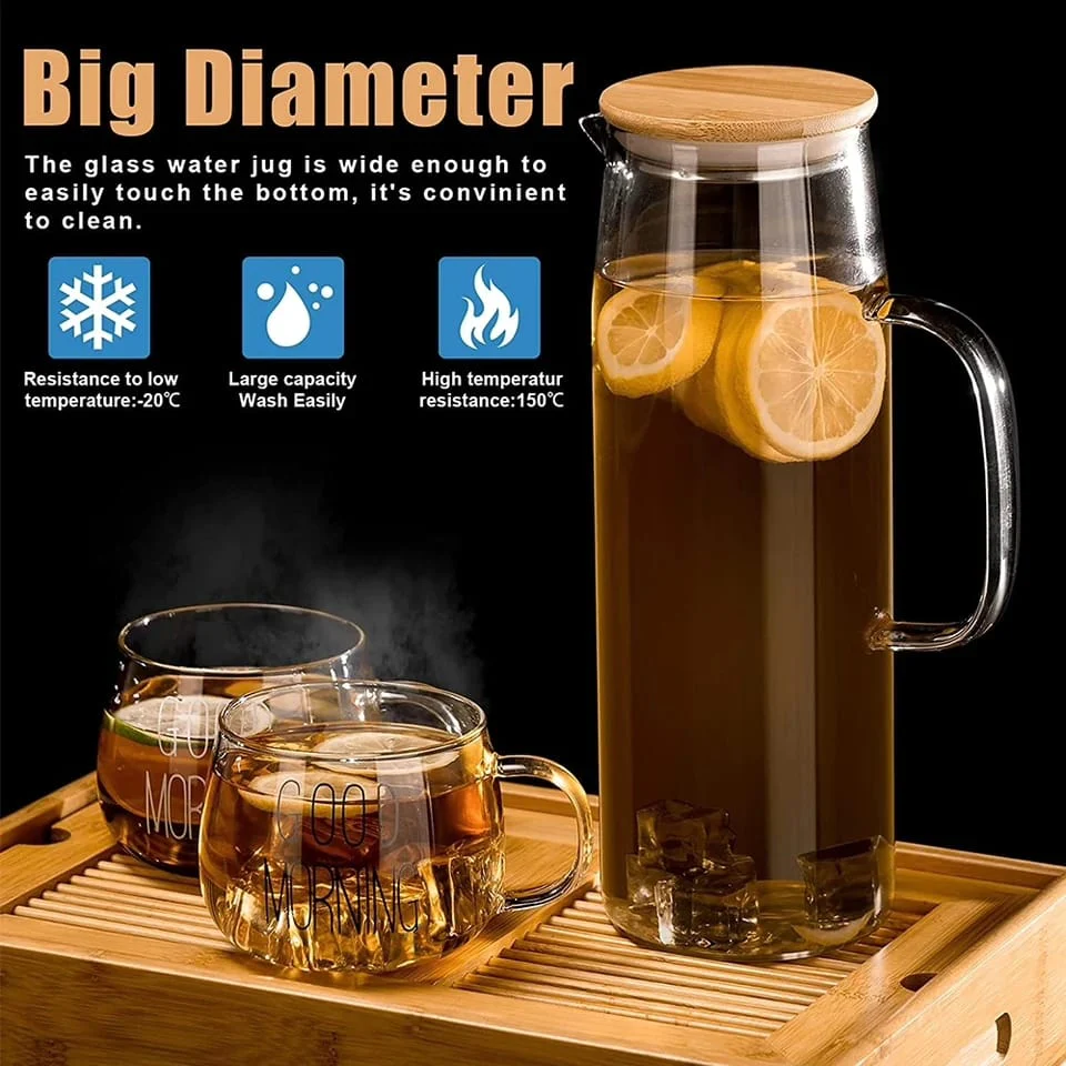 Glass Borosilicate Water Pitcher jug with Handle and Bamboo lid - Image 2