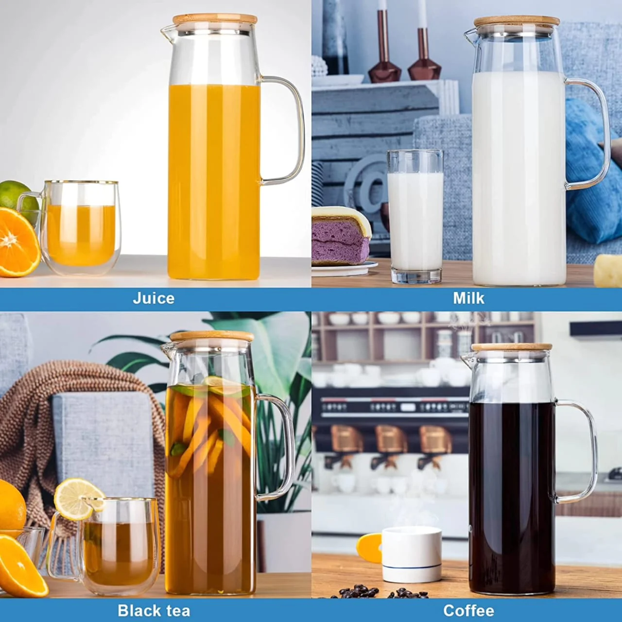 Glass Borosilicate Water Pitcher jug with Handle and Bamboo lid - Image 3