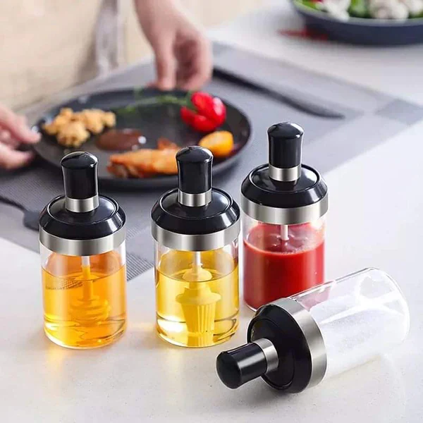 Glass jar with honey dipper, oil brush or spice scooping spoon 3pcs - Image 5