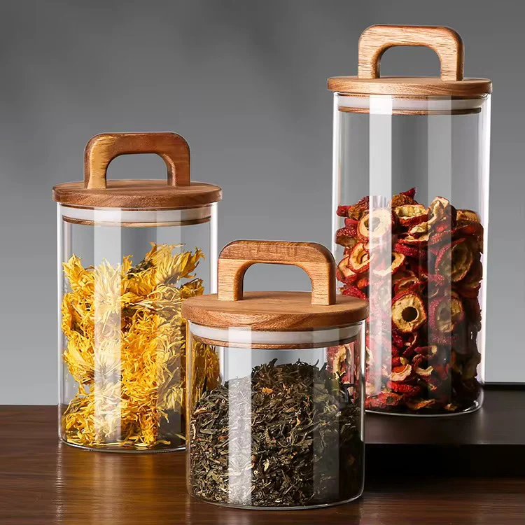 Glass Jar with Solid Wood Lid With Carry Handle Flower Tea Sealer Candy Jar Coffee Bean Organizer Coffee Storage Airtight Canister Petal Decorative Container 1000ML - Image 2