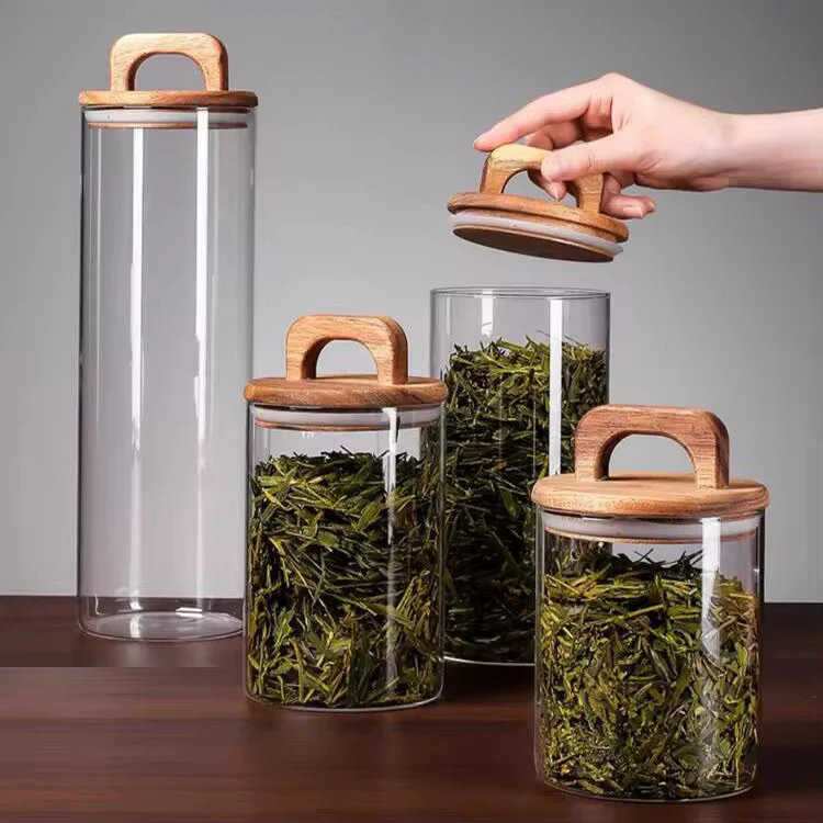 Glass Jar with Solid Wood Lid With Carry Handle Flower Tea Sealer Candy Jar Coffee Bean Organizer Coffee Storage Airtight Canister Petal Decorative Container 1000ML - Image 5