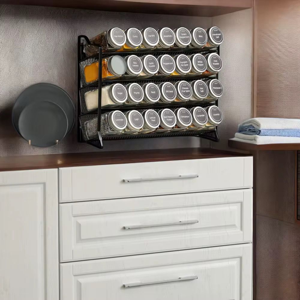 28-Piece Glass Spice Jar Set with Metallic Rack, Funnel, 180 Labels, Pen & Brush – Complete Spice Organisation Set - Image 2