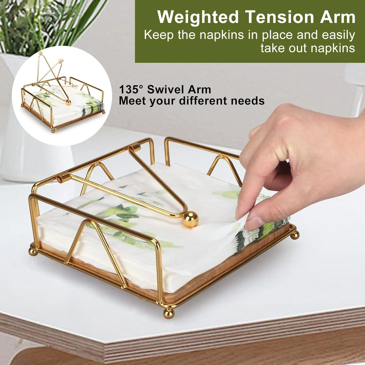 Gold Modern Napkin Holder for Table with Weighted Arm, Square Metal Flat Napkin Holder - Image 3