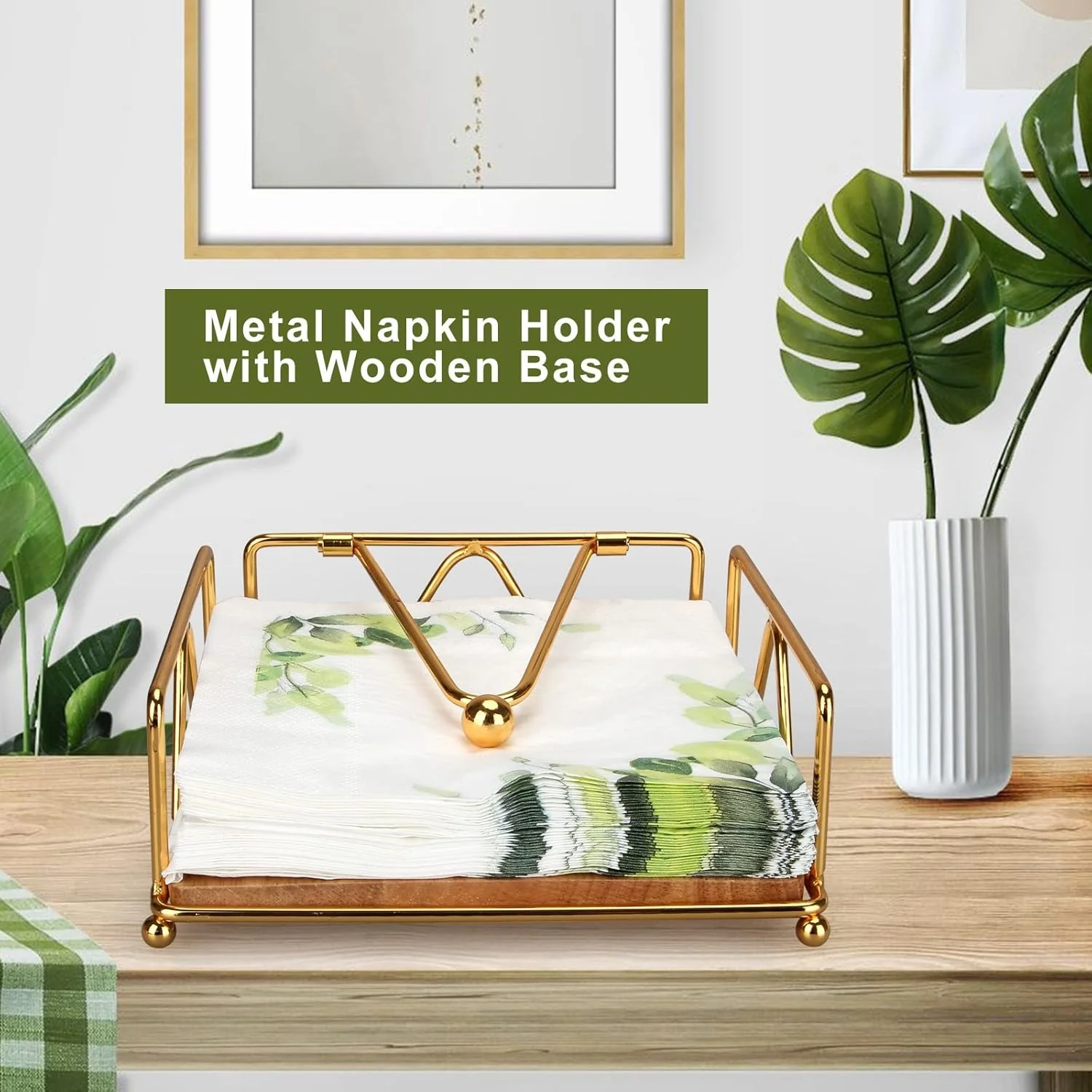 Gold Modern Napkin Holder for Table with Weighted Arm, Square Metal Flat Napkin Holder - Image 4
