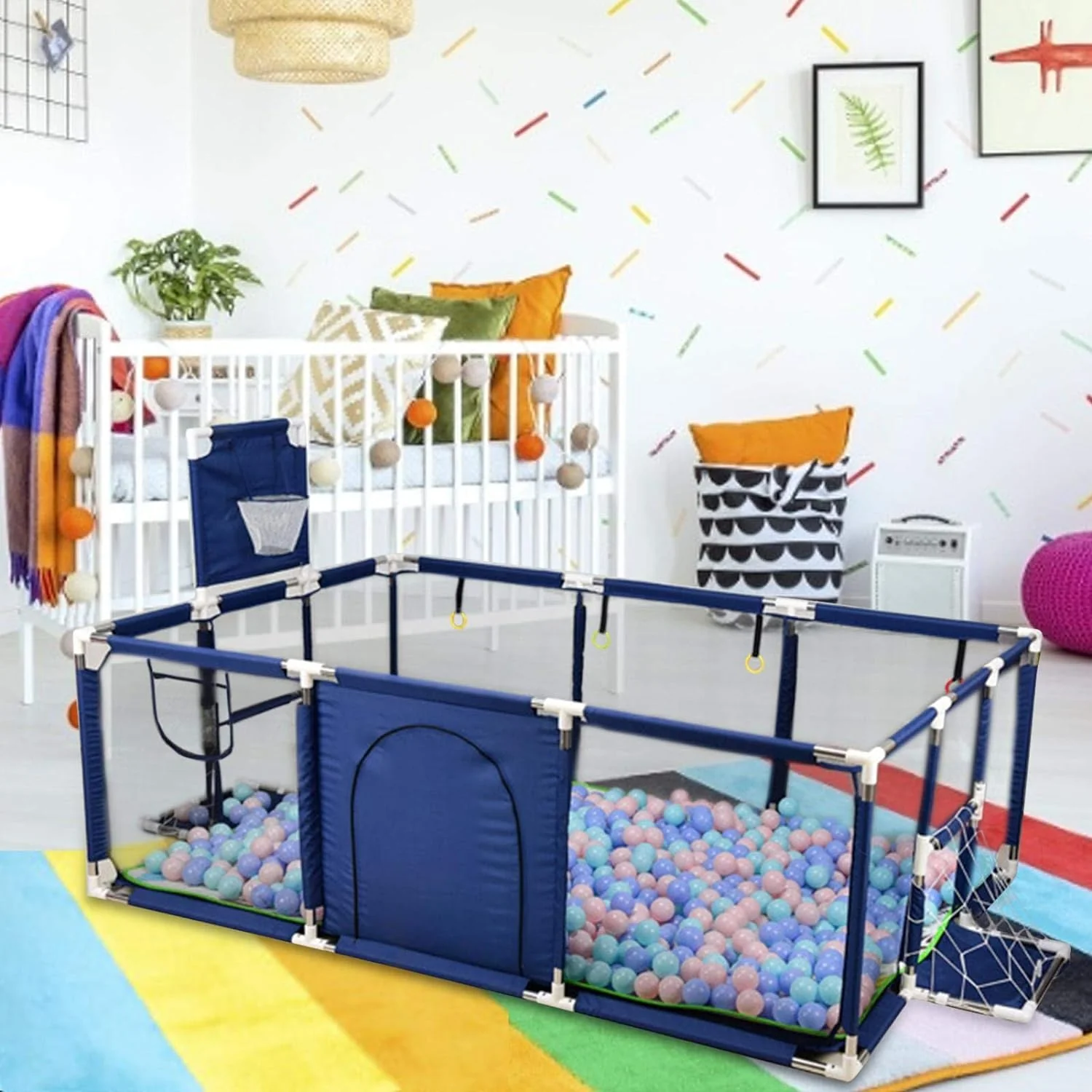 Portable Baby Ball Pit Tent Playpen Play Fence Baby Playpen with Basketball Hoop - Image 8