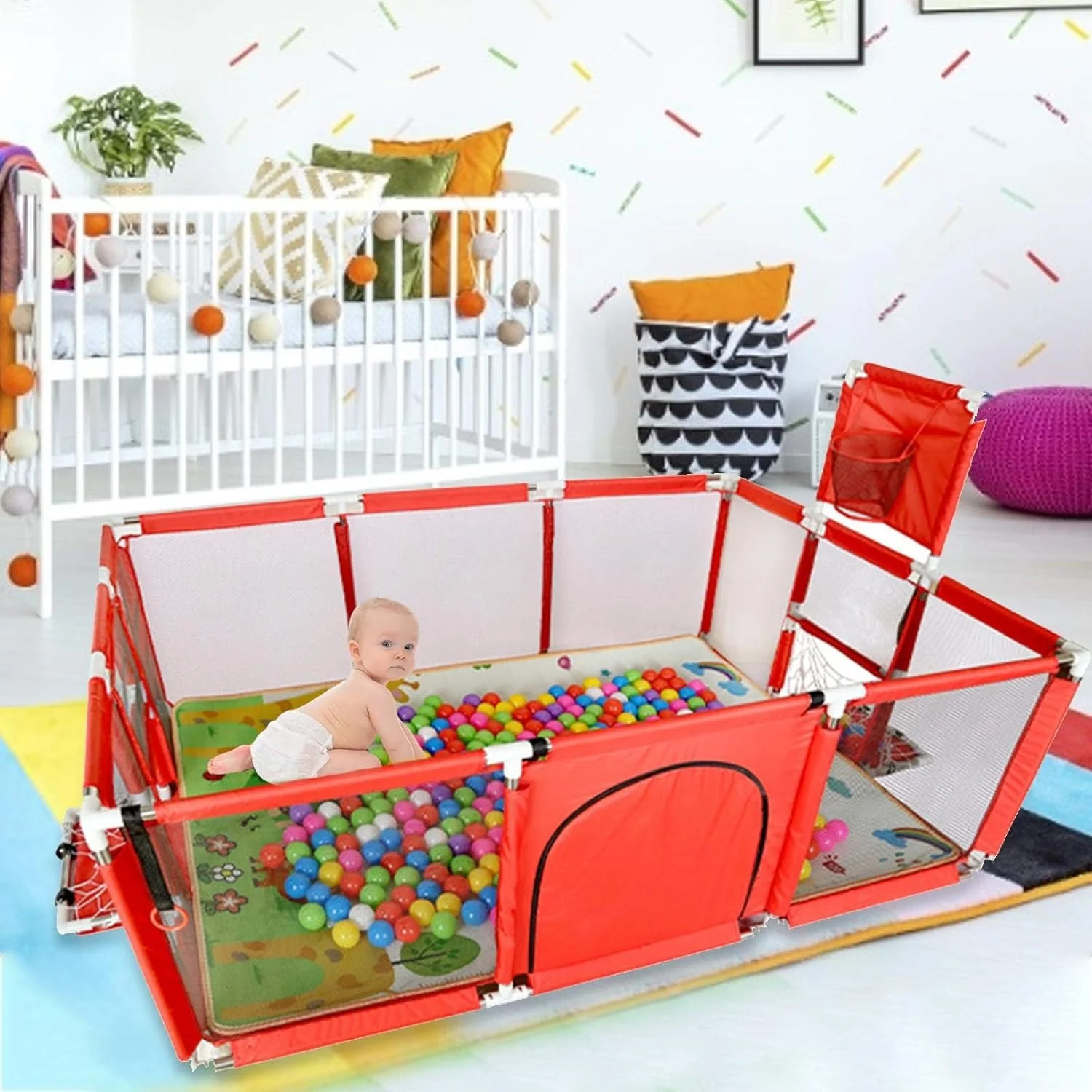 Portable Baby Ball Pit Tent Playpen Play Fence Baby Playpen with Basketball Hoop - Image 9