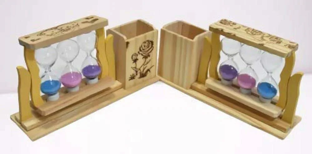 Handicraft Wooden Pen Stand with 3 Hourglass Timer - Image 4