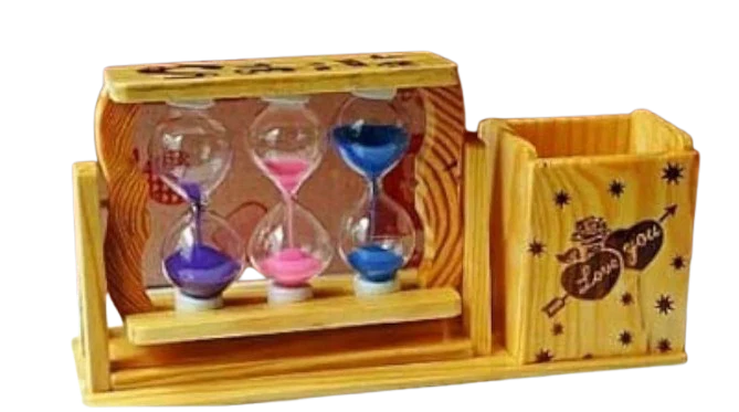 Handicraft Wooden Pen Stand with 3 Hourglass Timer - Image 5