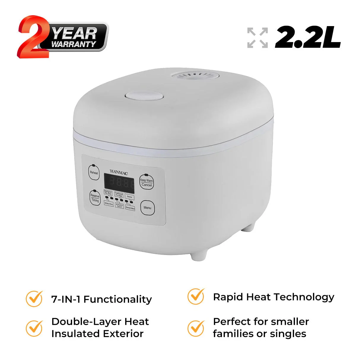 Hanmac 2.2L 7-in-1 Multi Cooker Rice Cooker – 700W, Rapid Heating, Non-Stick Bowl, Delay Timer & 2-Year Warranty - Image 2