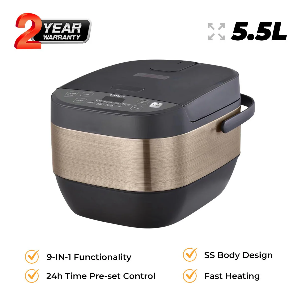 Hanmac  5.5L 9-in-1 Multi Cooker  Rice Cooker– 1100W, Stainless Steel Body, Delay Timer, Non-Stick Bowl & Family-Sized Capacity - Image 2