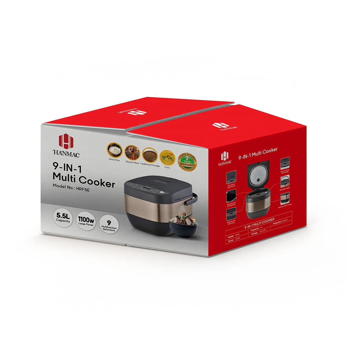 Hanmac  5.5L 9-in-1 Multi Cooker  Rice Cooker– 1100W, Stainless Steel Body, Delay Timer, Non-Stick Bowl & Family-Sized Capacity - Image 3