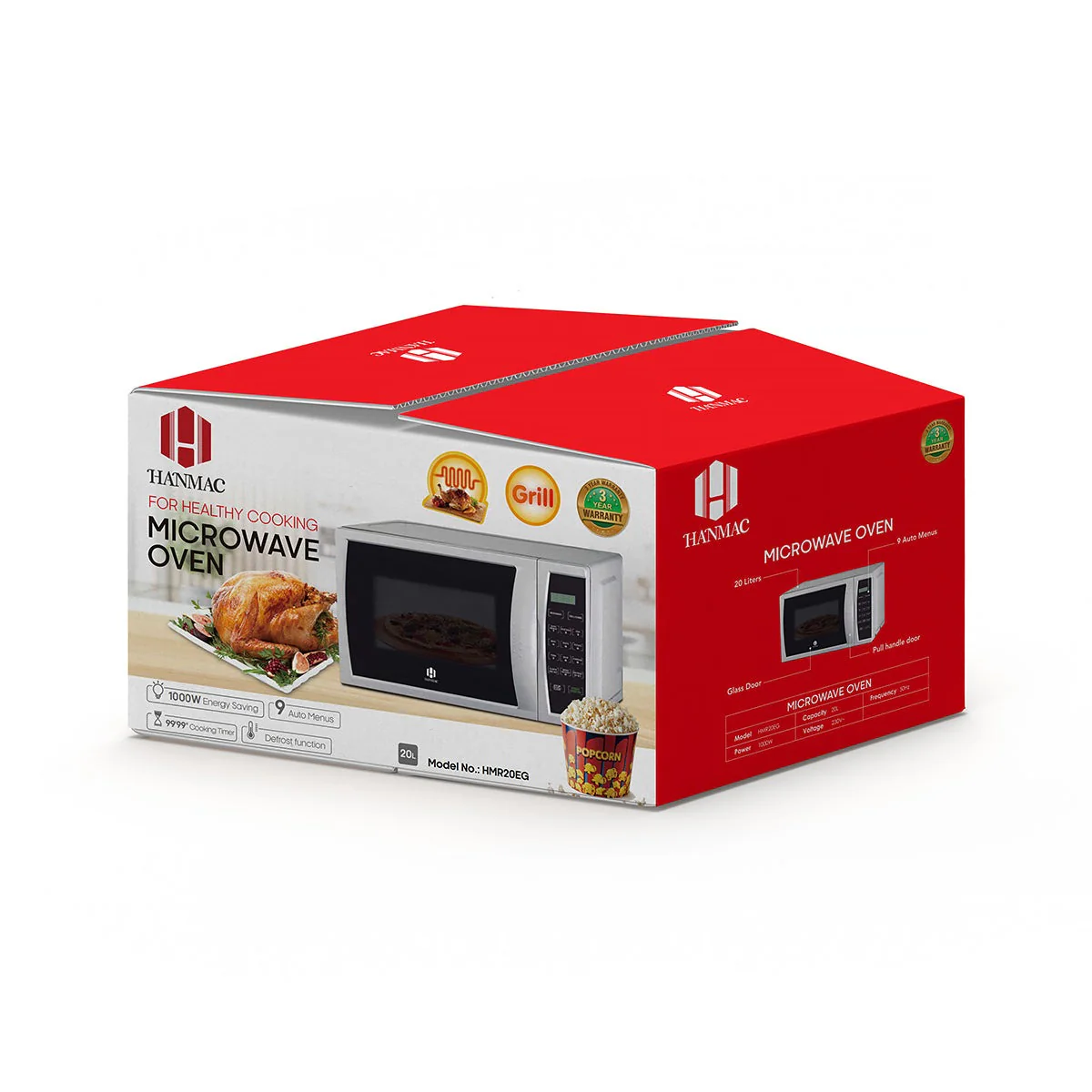 Hanmac 20L Digital Grill Microwave – 700W Microwave + 1000W Grill, 9 Auto Menus, Defrost, Child Lock & 3-Year Warranty - Image 2