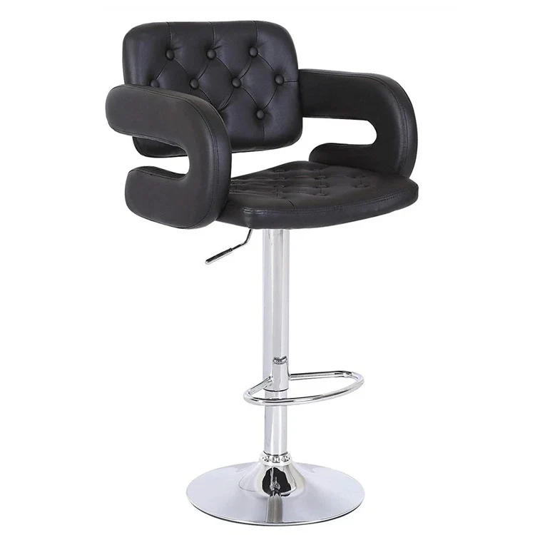 Height Adjustable 44" Tufted Faux Leather Barstool Counter Stool in Black - Image 3