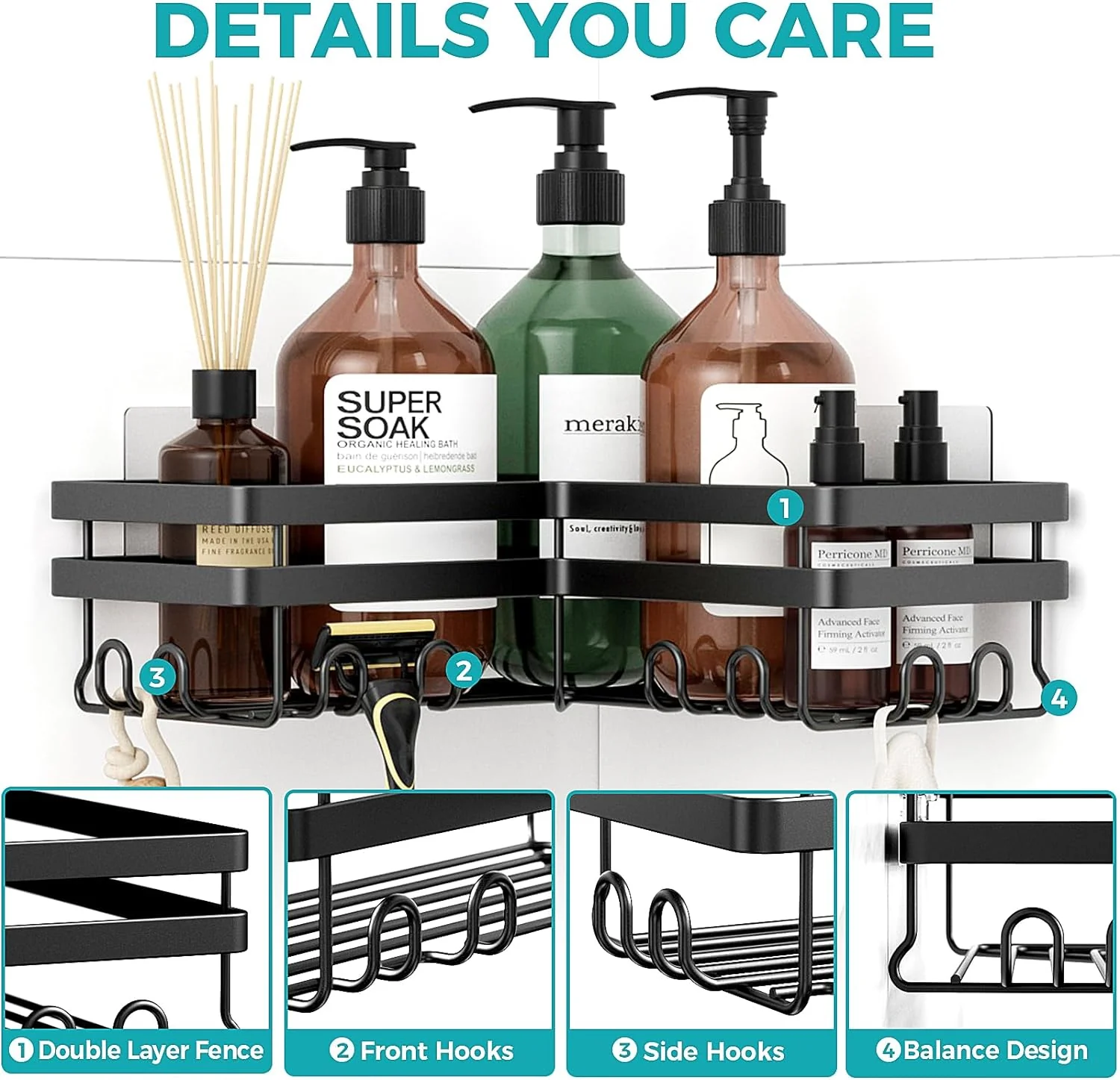 Shower Caddy, 3-Pack with Soap Holder, No Drilling Rustproof Shower Organizer with Save Space Hooks, Apartment Essentials for Bathroom - Image 14