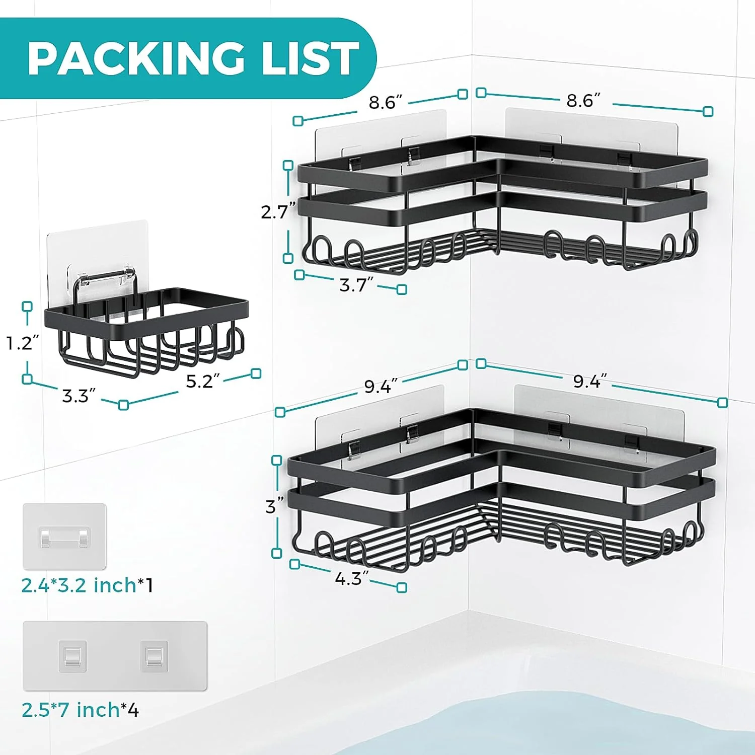 Shower Caddy, 3-Pack with Soap Holder, No Drilling Rustproof Shower Organizer with Save Space Hooks, Apartment Essentials for Bathroom - Image 16