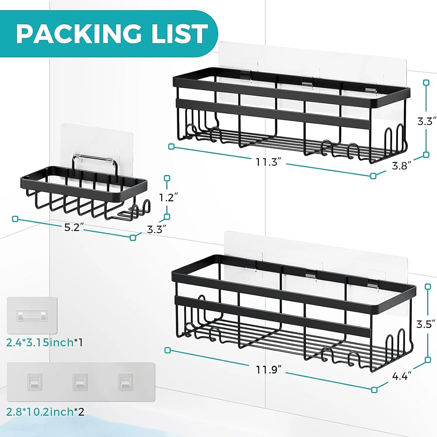 Shower Caddy, 3-Pack with Soap Holder, No Drilling Rustproof Shower Organizer with Save Space Hooks, Apartment Essentials for Bathroom - Image 5