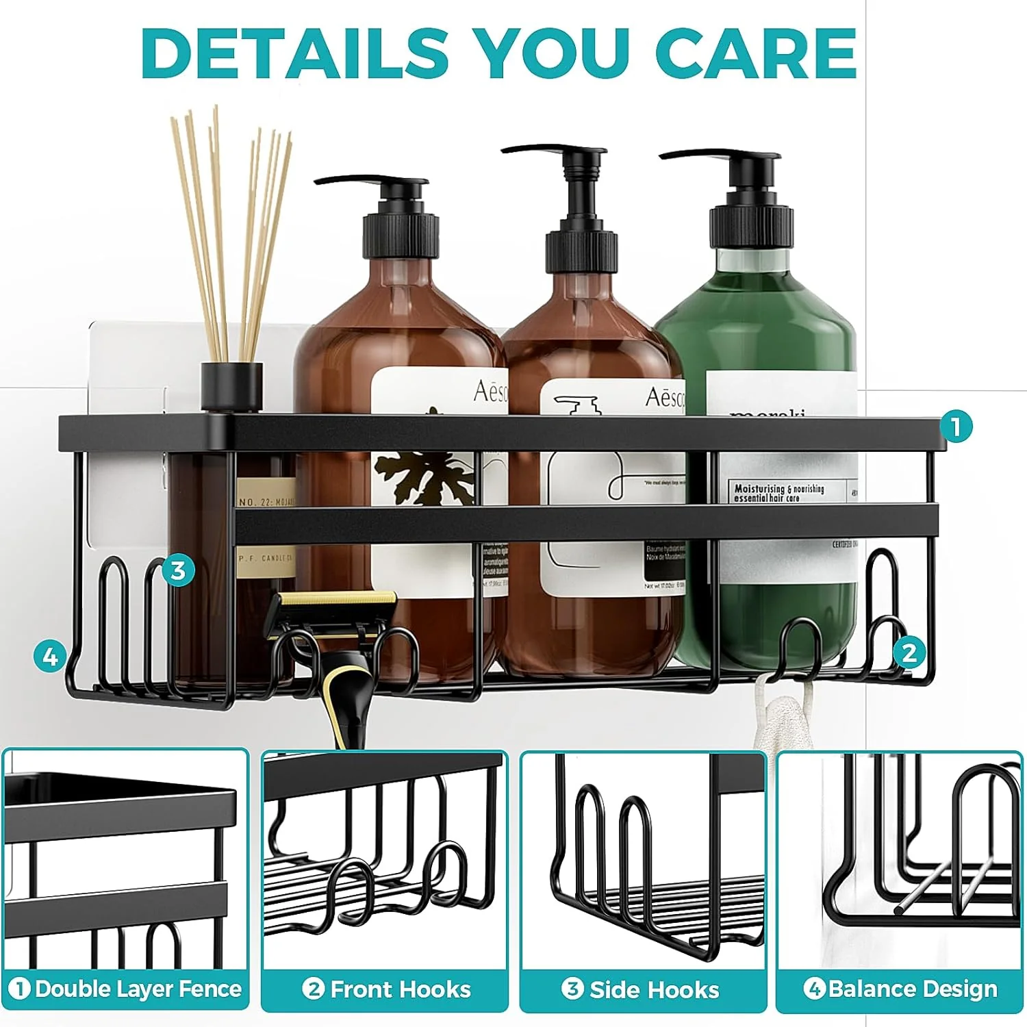 Shower Caddy, 3-Pack with Soap Holder, No Drilling Rustproof Shower Organizer with Save Space Hooks, Apartment Essentials for Bathroom - Image 6
