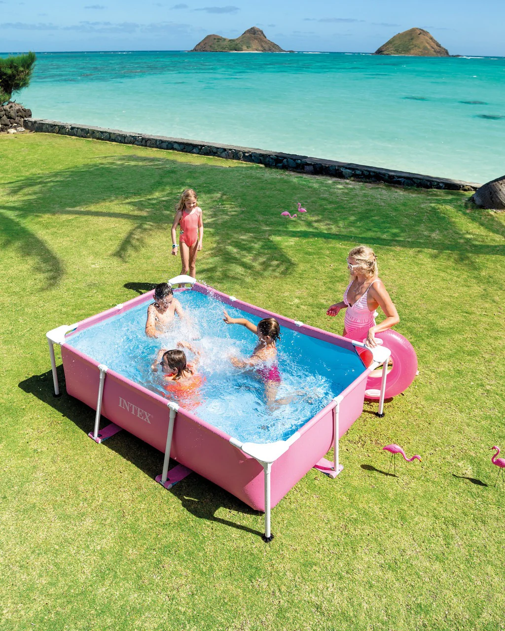 Intex Rectangular Metal Frame Above Ground Swimming Pool 213cm x 152cm x 58cm Pink - Image 3