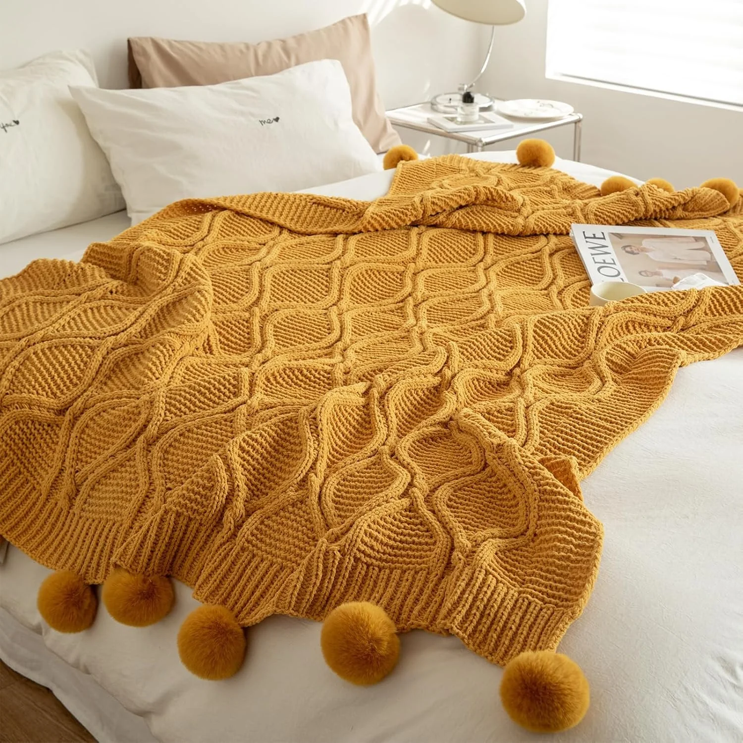 Jacquard Sherpa Comforter Set Queen Size and Chenille Knitted Throw Blanket with Pompoms - Image 2