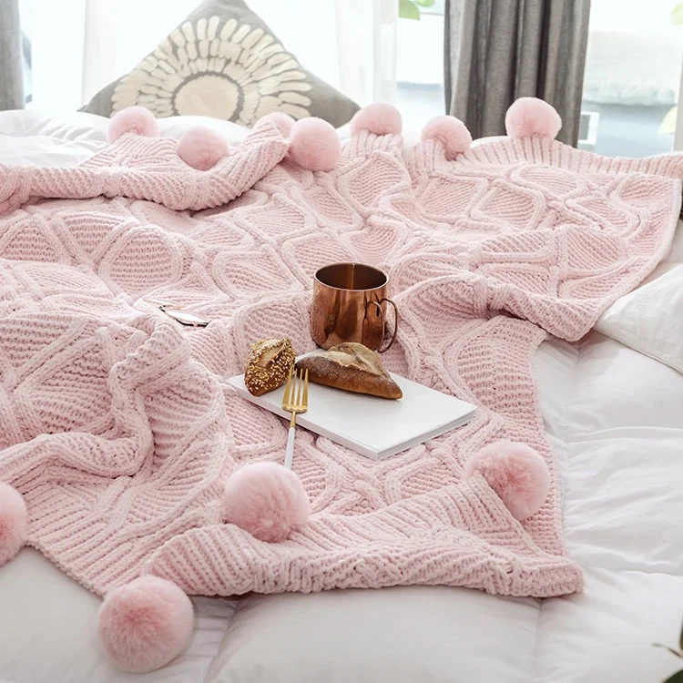 Jacquard Sherpa Comforter Set Queen Size and Chenille Knitted Throw Blanket with Pompoms - Image 5