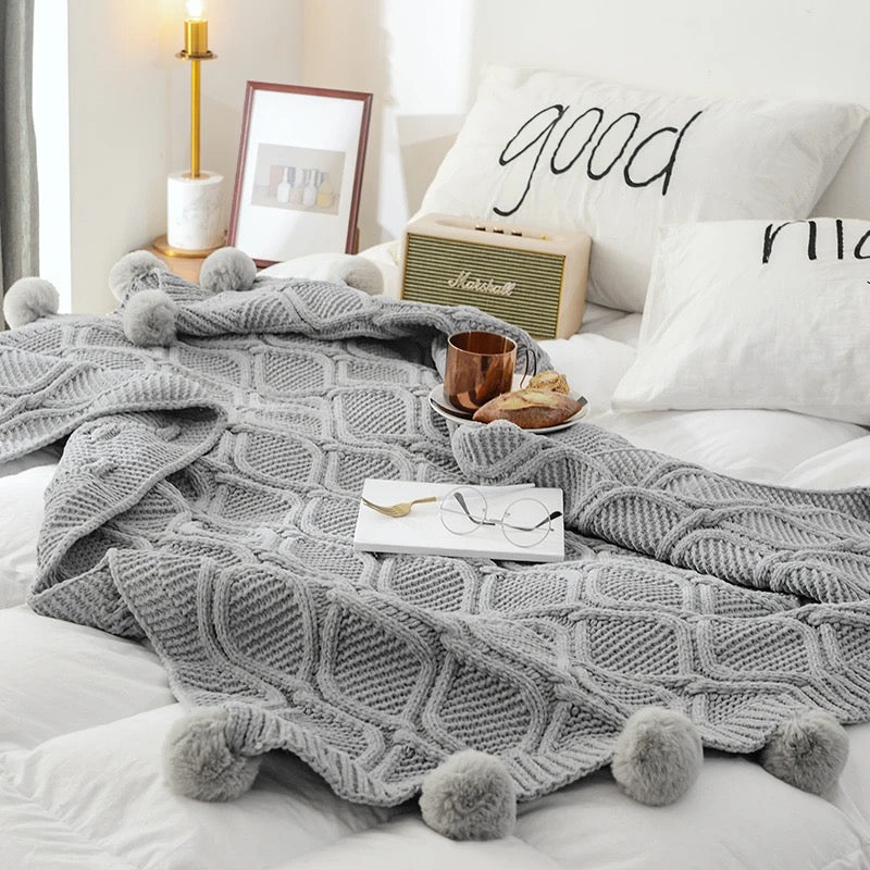 Jacquard Sherpa Comforter Set Queen Size and Chenille Knitted Throw Blanket with Pompoms - Image 6