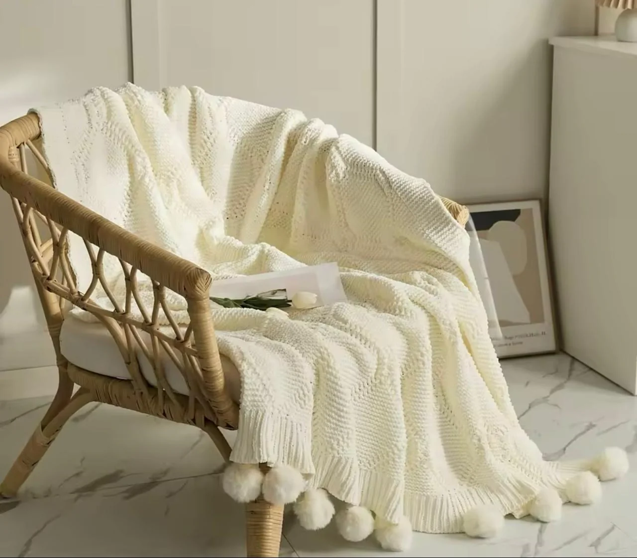 Jacquard Sherpa Comforter Set Queen Size and Chenille Knitted Throw Blanket with Pompoms - Image 7