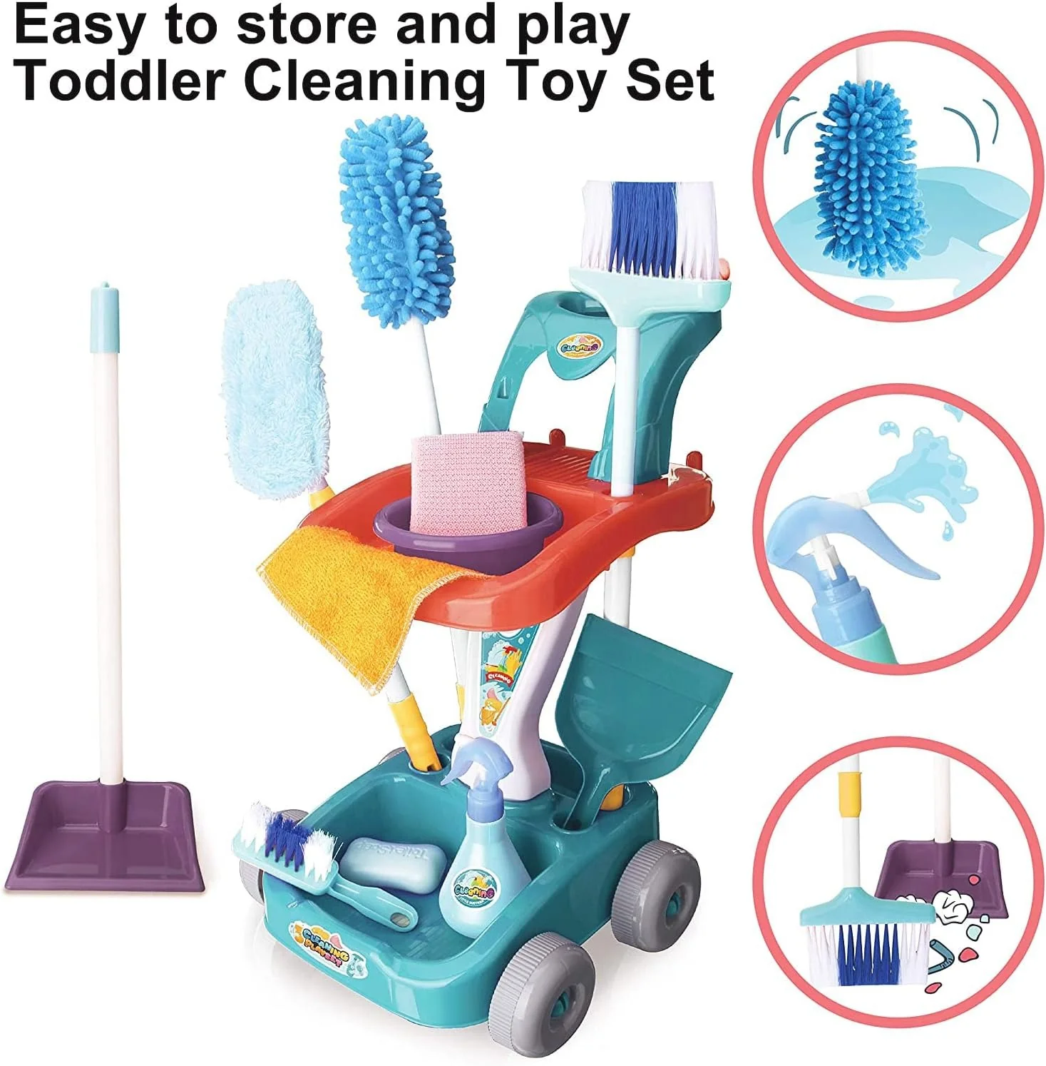 Kids Cleaning Play Set  broom with cart, brooms, and mop - Image 3