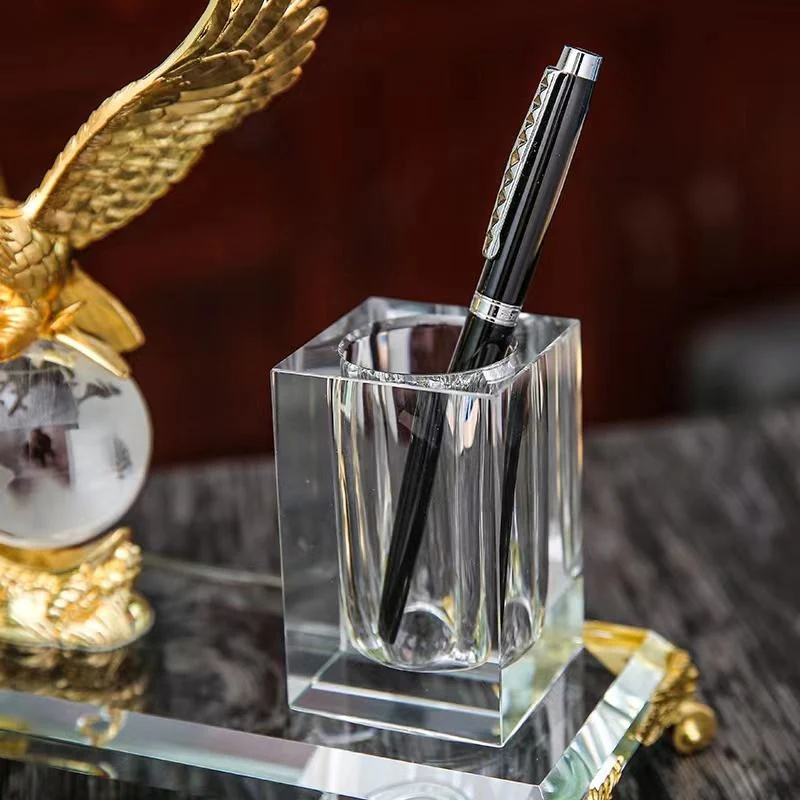 Luxurious Business Gifts Handmade Office Stationary Crystal Glass Pen Holder With Golden Eagle - Image 2