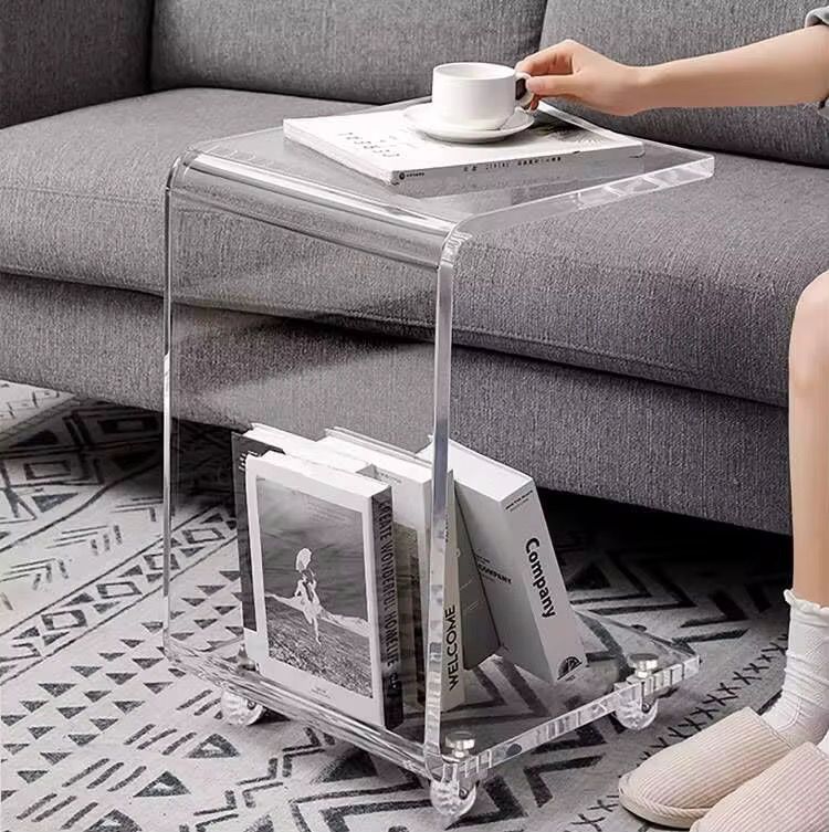 Luxury C-Shaped Clear Acrylic Side Table with Wheels - Image 2